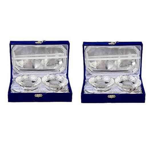 Handmade Set of  German Silver Cups with Tray and Spoon In Beautiful Gift Box and Bag