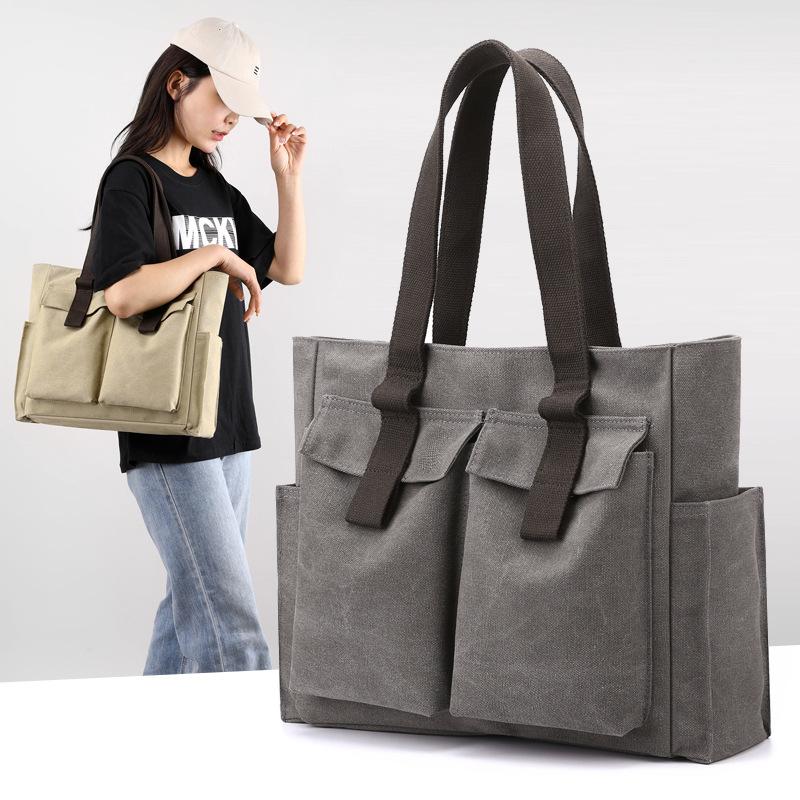High-grade Canvas Briefcase, Large Capacity Ladies Fashion Handbag, Multi-pocket Versatile Shoulder Bag, Outing Commuter Bag
