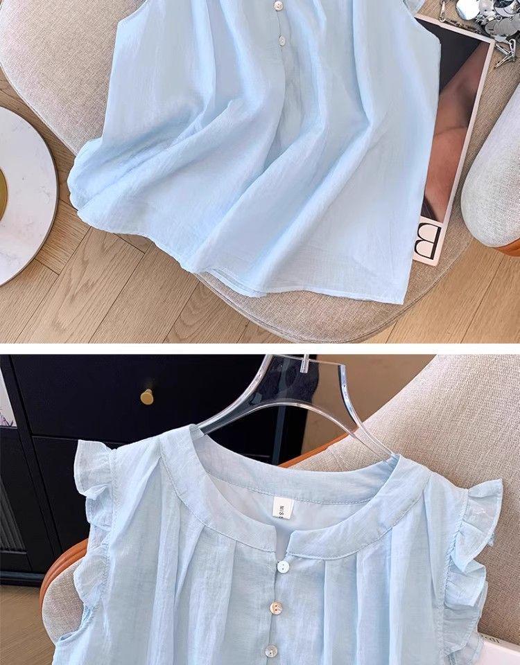 Женская летняя свободная и стройнящая блузка большого размера с рукавами-воланами и французскими рюшами