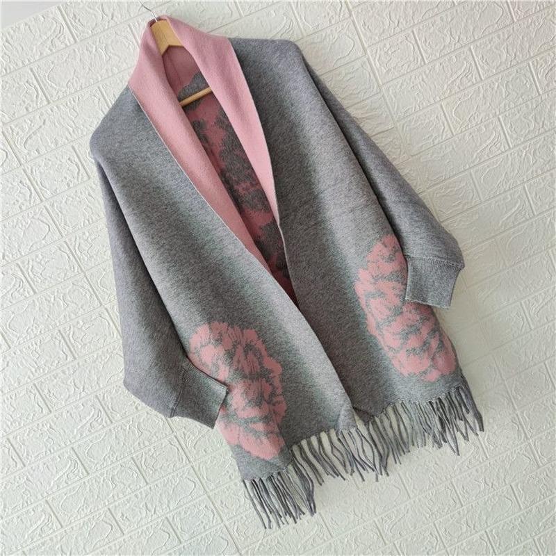Женское пончо 2022, осенне-зимний шарф из искусственного кашемира с пионом и бахромой, двусторонняя теплая накидка с длинными рукавами, женский топ