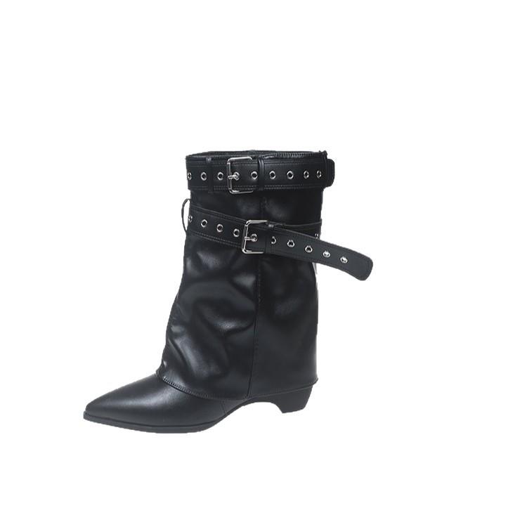 Американские Spice Girls~ Осень-Зима 2025 Новые Брюки с Пряжкой на Ремне Ботильоны на Каблуке Ботильоны с Острым Носком для Увеличения Роста Женские Ковбойские Сапоги в Западном Стиле