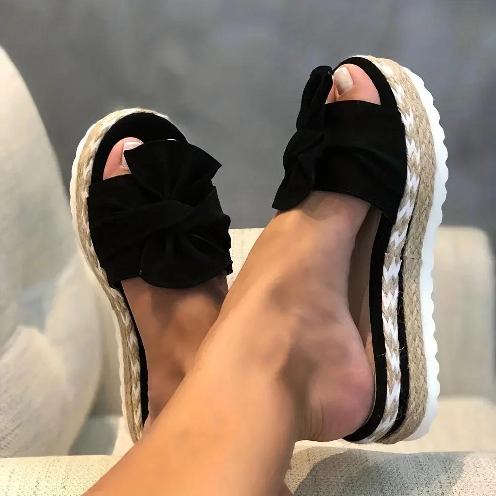 Women's Twist Knot Platform Espadrilles Slippers, Lightweight Open Toe Non Slip Beach Slides Shoes, Casual Outdoor Sandals 1688