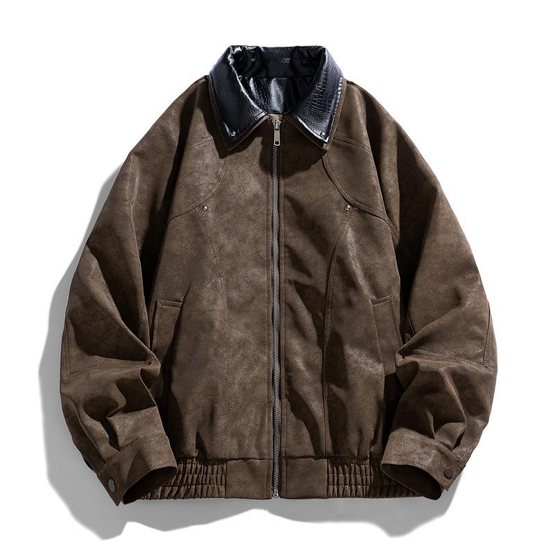 Batch Autumn and Winter Lapel Leather Jacket American Retro Contrast Color Leather Jacket Rivet Jacket Leather Top Men's Locomotive