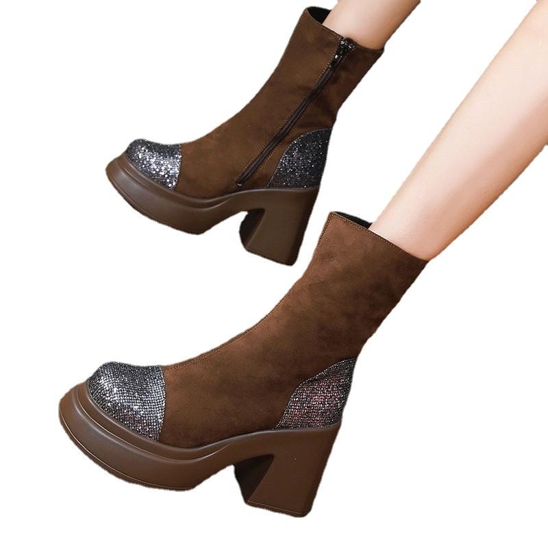 Женская обувь 2024 года, высококачественные женские ботинки с боковой молнией, модные современные ботинки с пайетками, женские ботильоны с круглым носком, горячая распродажа, Zapatos