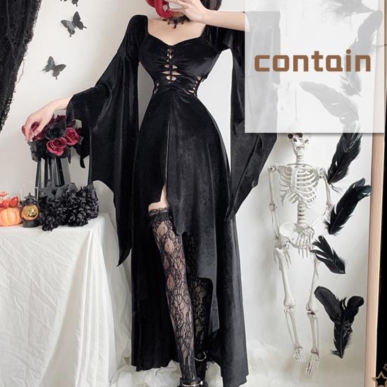 1 комплект, женское платье для косплея с ожерельем, повязка на голову и чулки, готический стиль, костюм ведьмы на Хэллоуин, ажурный костюм без воротника с длинными рукавами «летучая мышь»