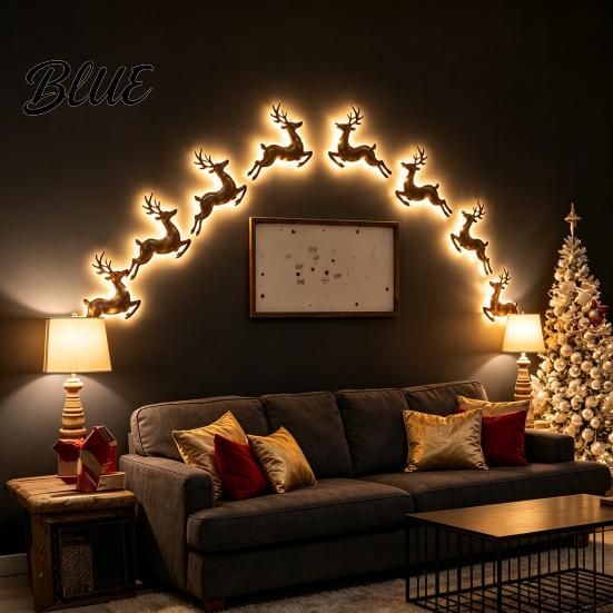 Seasonal Wall Art for Home 12 Pcs LED Reindeer Decoration, Christmas Glow Silhouette Lights, 3D Light-Up Bedroom Decor Wooden Peel And Stick Entryway,
