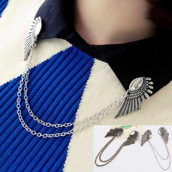 Retro Collar Clip Punk Chain Tassel Blouse Shirt Angel Wing Tips Pin Brooch MIT