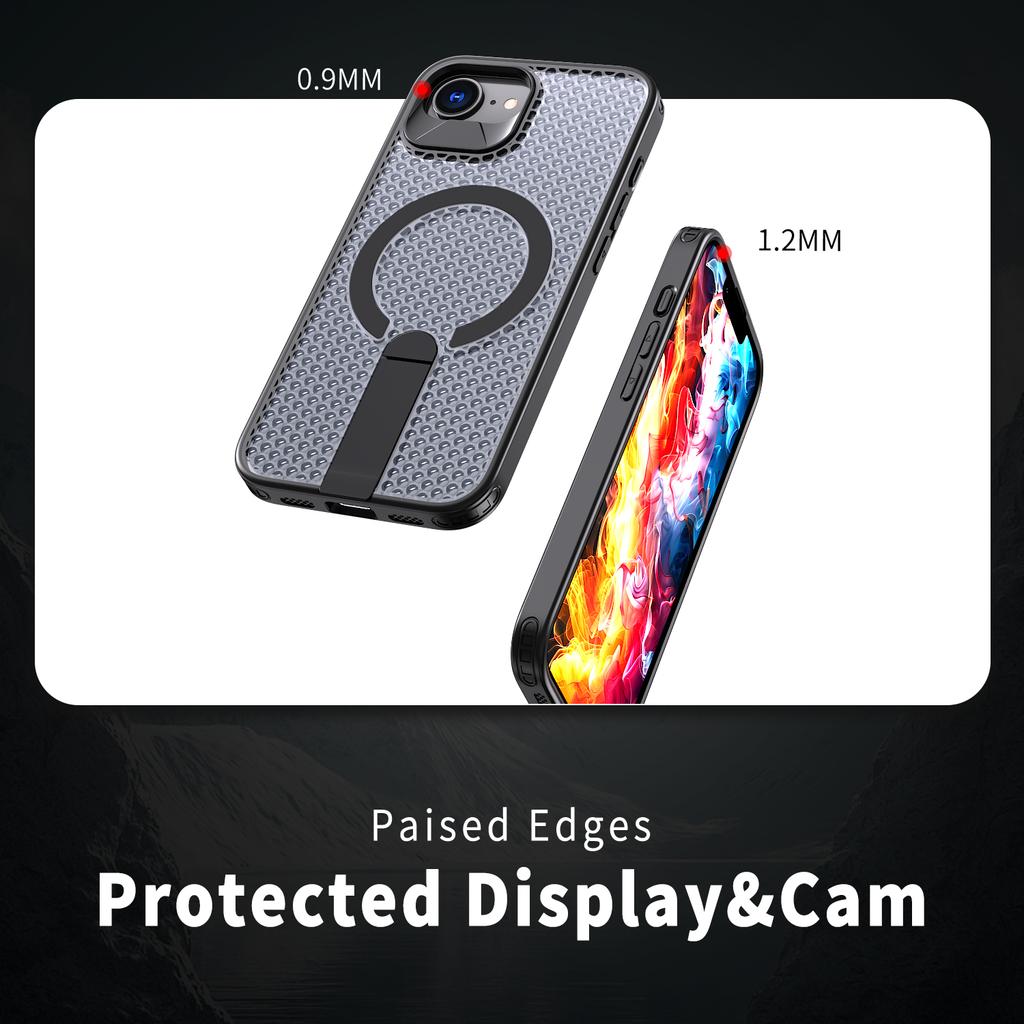 For iPhone 16e Magnetic Case Kickstand Grid Texture TPU PC Phone Back Cover