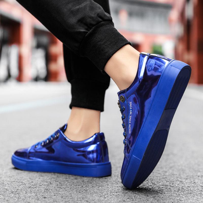 New Brand Blue Mens Fashion Sneakers Luxury Shiny Metal Men Skateboard Shoes Designer Glitter Men Flat Casual Shoes Plus Size 47