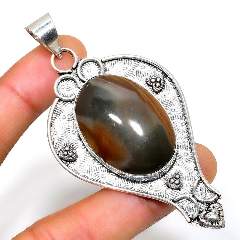 Picture Jasper Gemstone 925 Silver Plated Handmade Jewelry Pendant 3.03"