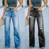 Spring And Autumn Leisure Wide Leg Pants Middle Waist Washing Hole Denim Pants Women