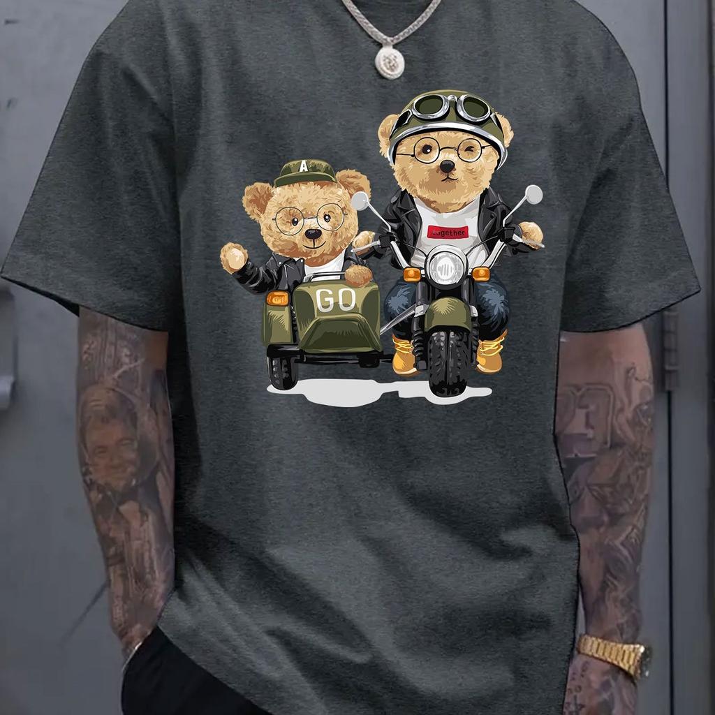 Летние мужские футболки из 100% хлопка, модные, повседневные, спортивные, свободного кроя, с принтом мультяшного медведя, с круглым вырезом и короткими рукавами