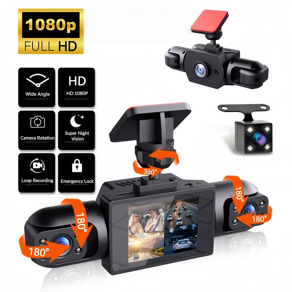 3/4-Lens 360° Panoramic Dash Cam, IR Night Vision, Auto Loop Recording, G-Sensor Motion Detection, 12H/24H Continuous Recording
