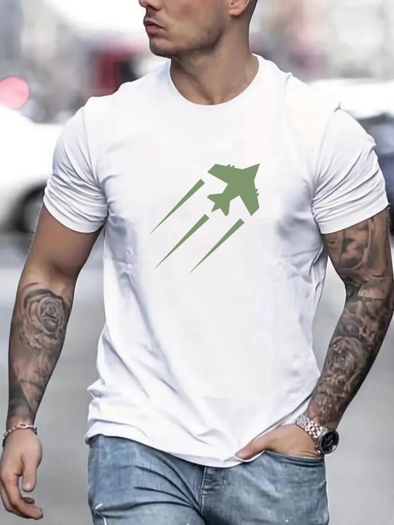 Men's Summer 100%cotton Fashionable Casual Sports Loose Airplane Pattern Printed Round Neck Short Sleeved T-shirt Top