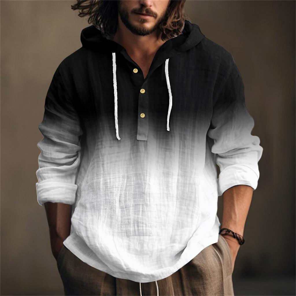 Printed Men's Cotton And Linen Shirt Hooded Long-sleeved Hooded Spring And Summer Casual Daily Wear