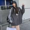 Casual Zip Hoodie Women Sweatshirt Autumn Harajuku Loose Side Stripe Patchwork Long Sleeve Oversized Hoodie School Grey Cardigan