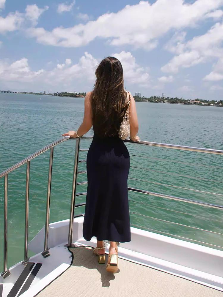 Knitted Sleeveless Long Dresses Women O Neck Single Breasted Fake Pockets Decoration Split Party Dress Autumn Beach Robe