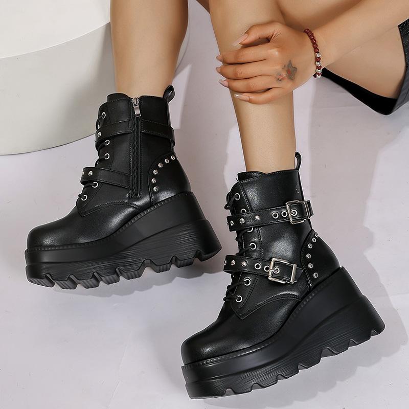 Fashion Women's Gothic Chunky Platform Ankle Boots Thick Bottom Wedges PU Leather Combat Shoes Woman Rivet Buckle Decor Black Punk Boots