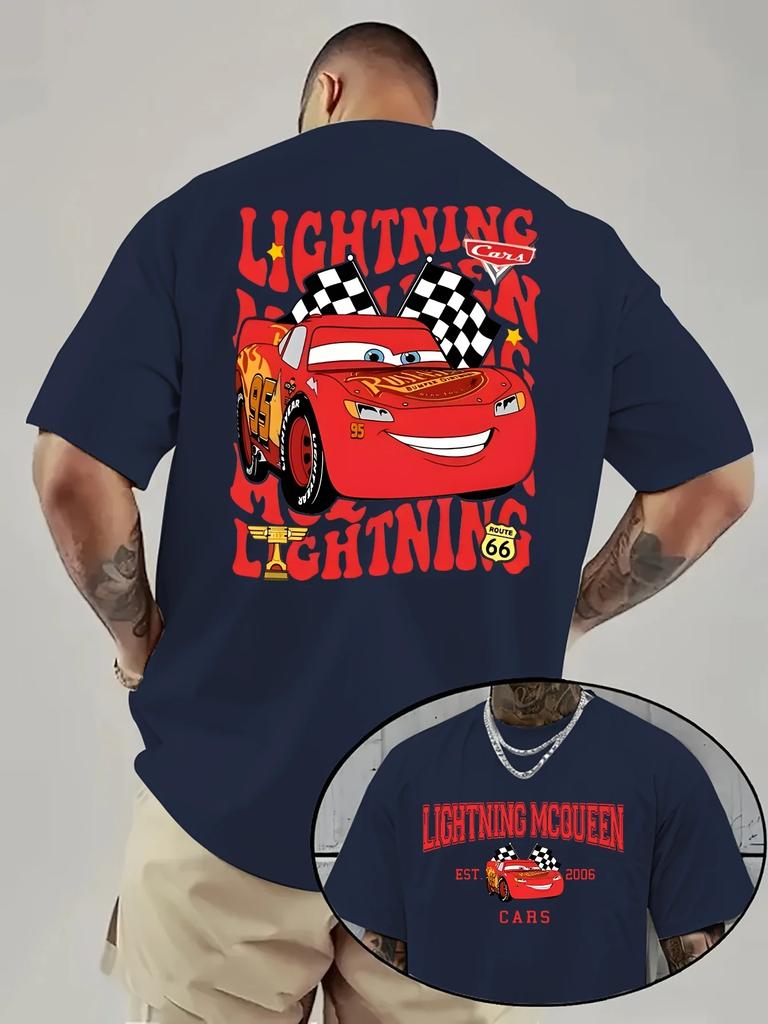 Disney Flash McQueen Car Print Men's T-shirt, 100% Pure Cotton Short-sleeved, Casual, Comfortable and High-quality Men's Top