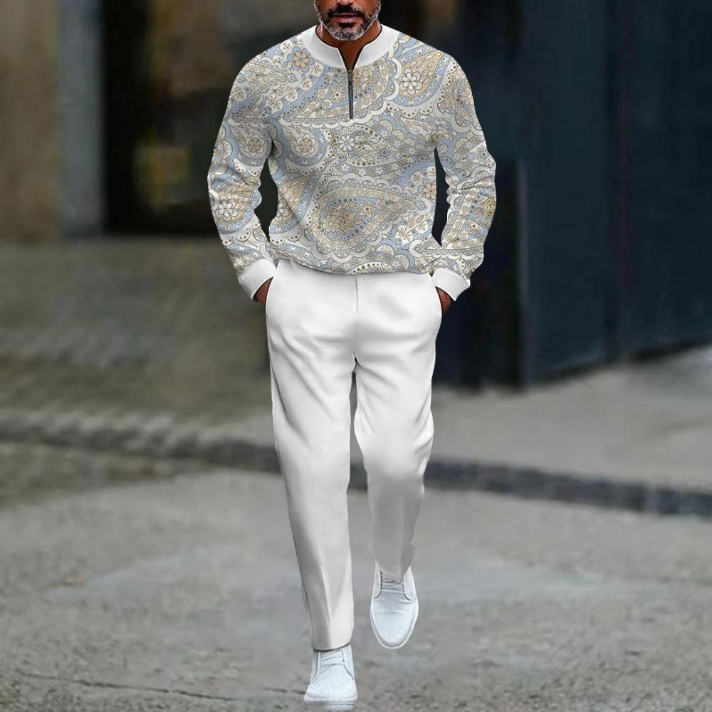 Весенне-осенние модные мужские комплекты с 3D-принтом, мужская повседневная спортивная одежда из двух предметов с воротником-стойкой на молнии