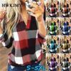 Women Plaid Printed Shirts Long Sleeve V-Neck Ladies Tops Turn Down Collar All-Match Fashion Tunic Shirts Clothes 5XL