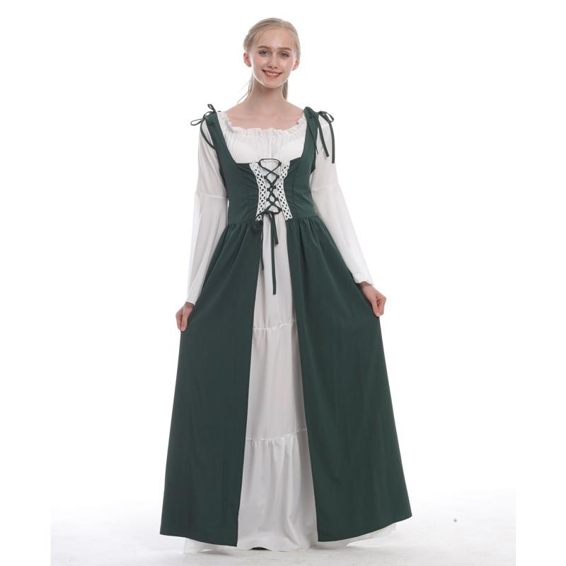 S~5XL Large Size Women Retro Cosplay Dress Medieval Renaissance Retro Dress with Square Collar Bundled Waist Halloween Party