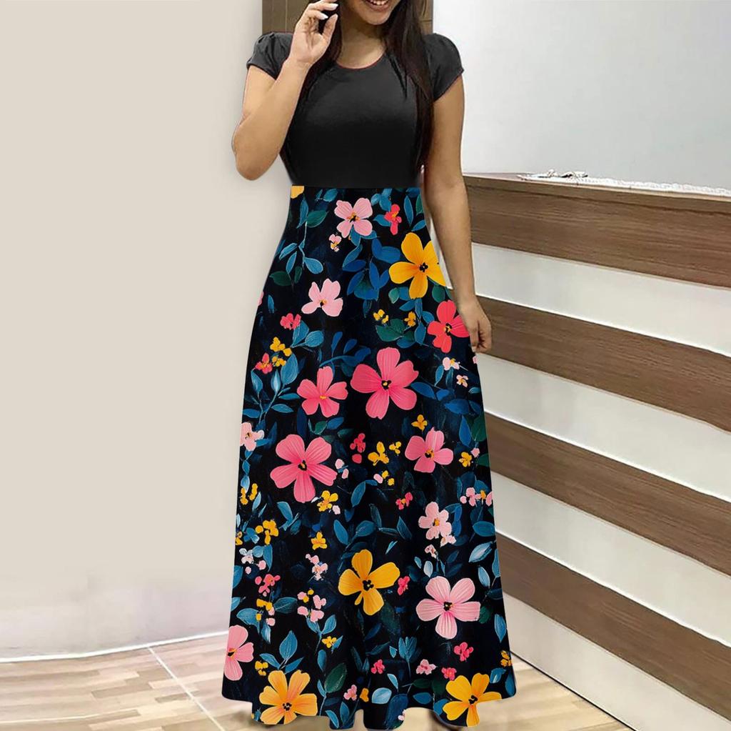 Женская мода повседневные свободные принтованные платья с круглым вырезом и коротким рукавом длинные платья с коротким рукавом длинные платья