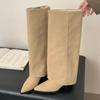 Мода Осень Мода Острый Носок Дизайнерские Швы Сапоги до Колена Женские Ретро Квадратный Низкий Каблук Обувь Удобные Элегантные Сапоги на Платформе