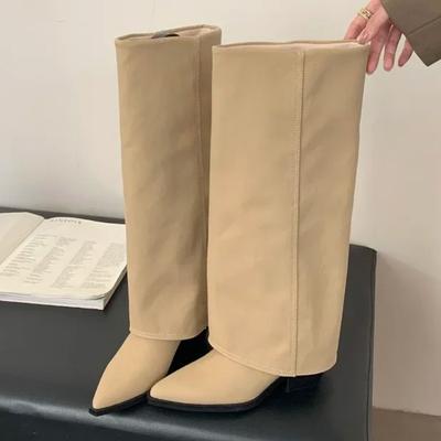 Мода Осень Мода Острый Носок Дизайнерские Швы Сапоги до Колена Женские Ретро Квадратный Низкий Каблук Обувь Удобные Элегантные Сапоги на Платформе