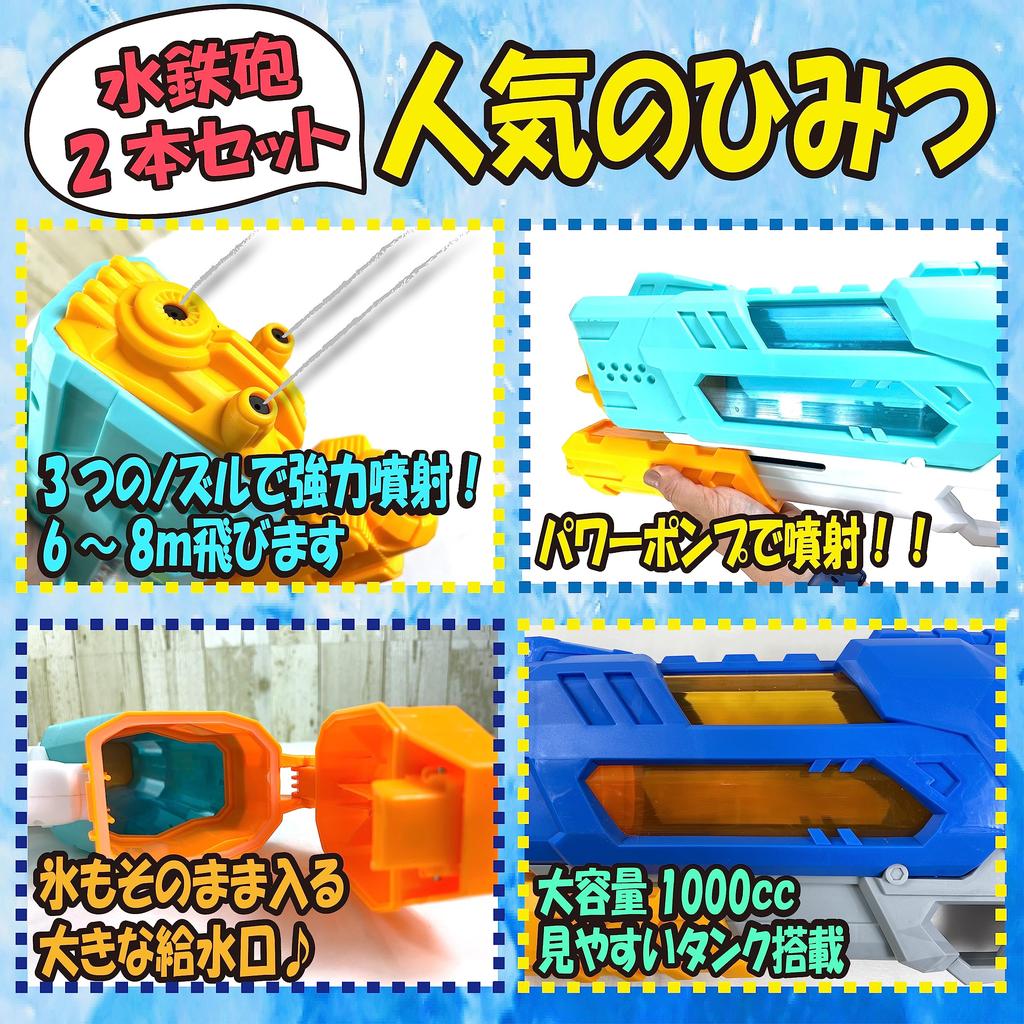 Powerful Water Gun, Set of 2, Next-Generation Water Gun, Super Powerful Distance 8m, Large Capacity 1000cc, 3 Nozzles (Green + Blue)