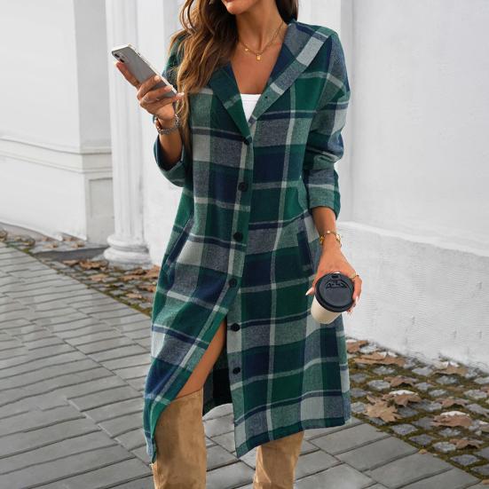 Women Spring Fall Coat with Hood Plaid Printing Loose Mid Length Long