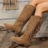 Fashion Western Cowboy Knee-High Boots Black Brown Tassels Women's Low Heel Botas Slip On Pointed Toe Riding Boots Suede PU Leather