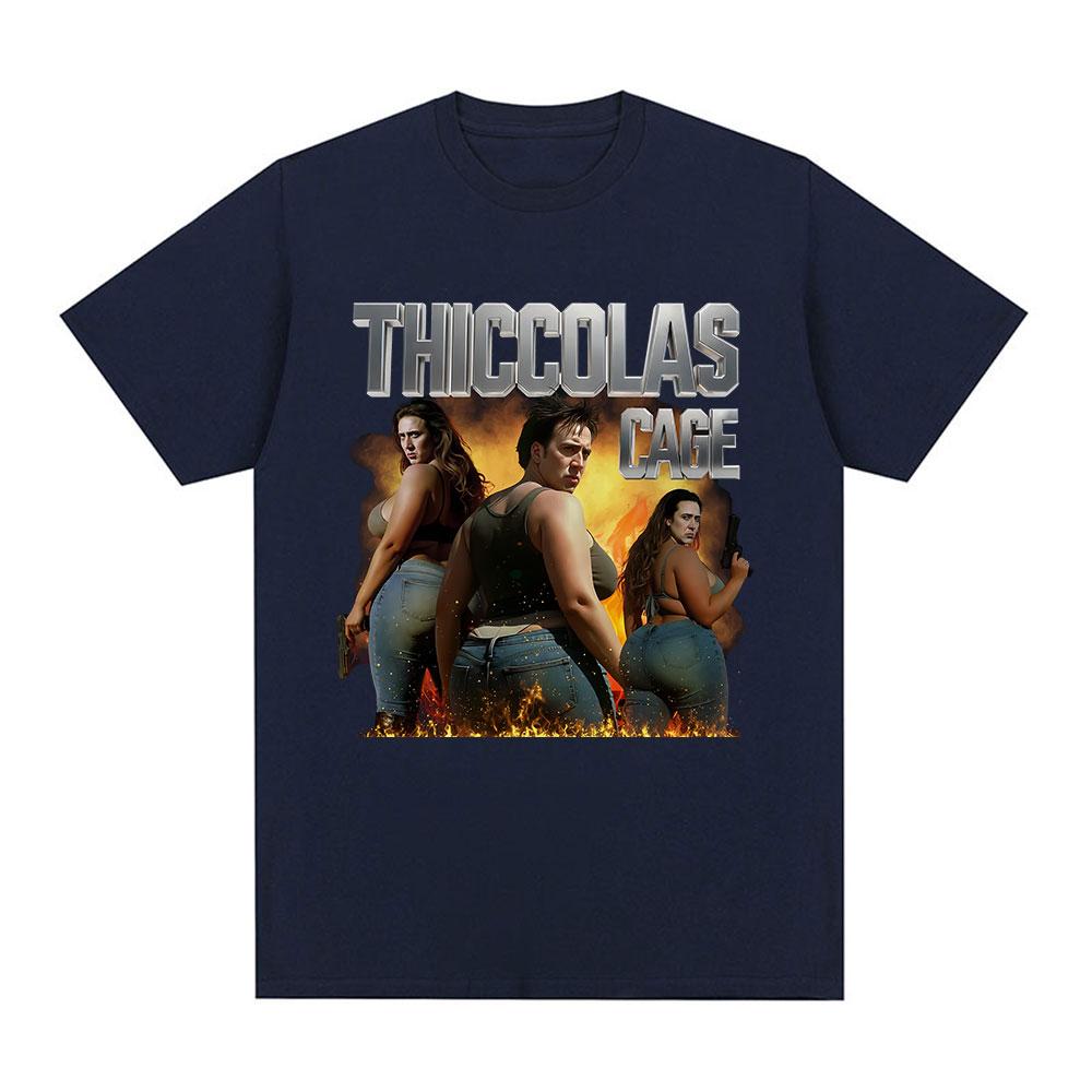 Thiccolas Cage Funny Meme Tshirt Unhinged Inappropriate Movie Lover Tshirts Absurd Crazy Cringe Exchange Gift Gag Joke Tshirts