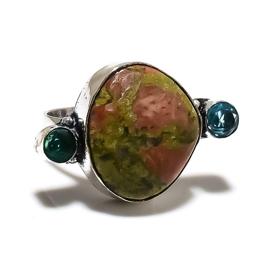 Unakite, Diopside Gemstone 925 Sterling Silver Jewelry Ring Size 8.5 SU-7168