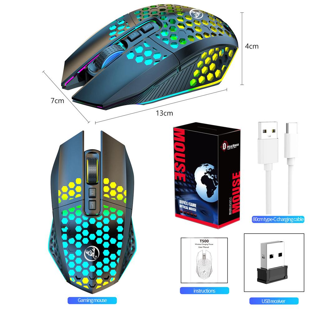 T500 2.4G Wireless Gaming Mouse 1600DPI Rechargeable Optical Silent Mouse With Rainbow Backlit 7 Buttons