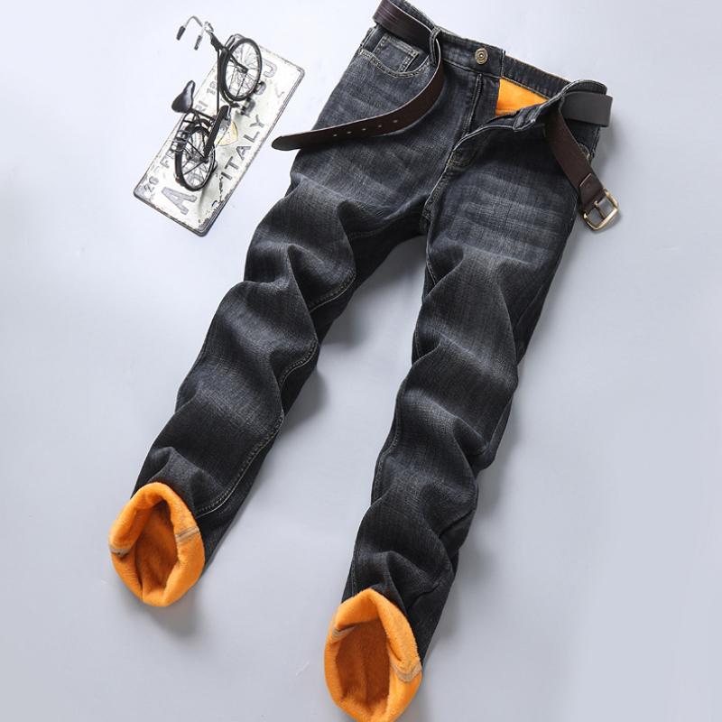 Новые осенне-зимние мужские утепленные и утолщенные джинсы эластичные узкие прямые универсальные джинсовые брюки