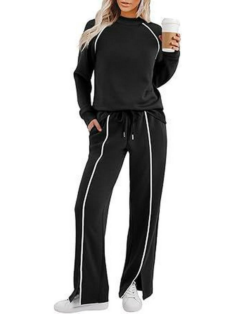 Женский комплект с круглым вырезом, длинными рукавами, эластичными брюками и свитшотом с разрезом