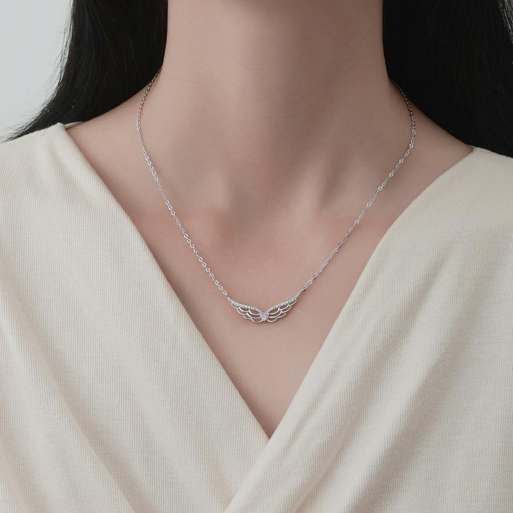 Ожерелье с крыльями любви из серебра 925 пробы для женщин, цепочка с розовыми бриллиантами и персиковым сердцем, цепочка с ключицами и крыльями ангела