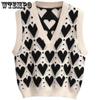 Вязаный свитер жилет осенний V-образный вырез без рукавов трикотаж повседневный женский пуловер с принтом любви жилет винтажный свободный свитер в стиле преппи