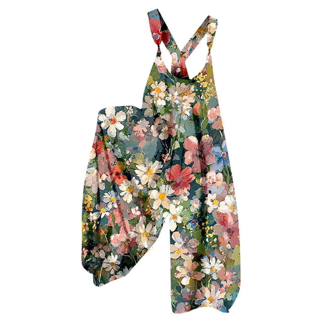 Женский комбинезон с цветочным принтом, повседневный свободный комбинезон из хлопка и льна