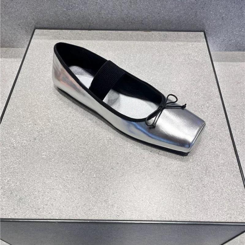 Sheepskin Retro Square Head Flat Shoes Ballet Single Shoes Women's Word with Bow Light Mouth Mary Jane Shoes