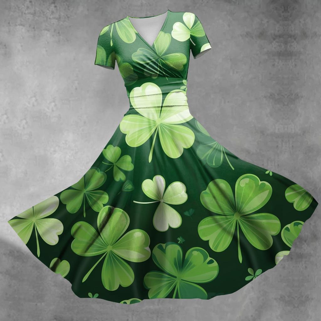 Ladies Princess Dress Sexy V-neck St. Patrick's Day Printed Waist Pulled Ruffle Short Sleeve Dress