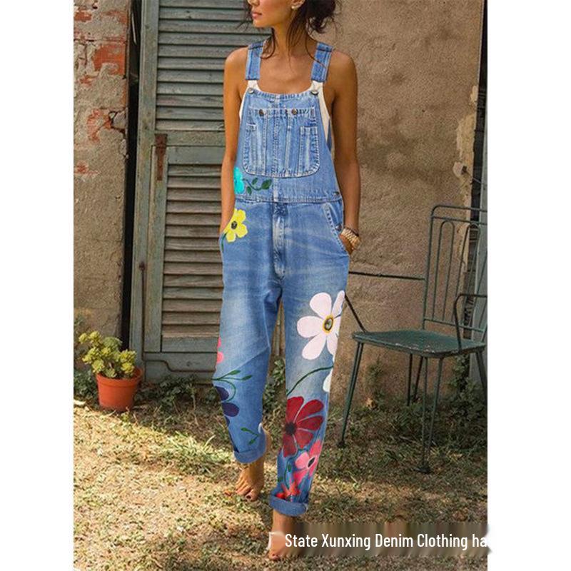Women's Summer Denim Overalls – Classic, High-Quality, Loose Straight-Leg with Print