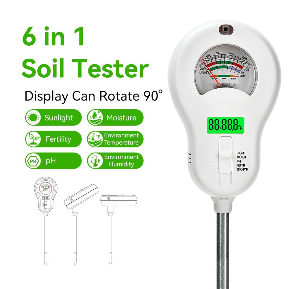 6 In 1 Soil PH Meter Rotatable Backlit Display Analyzer Moisture Sensor Soil Tester Garden Tool