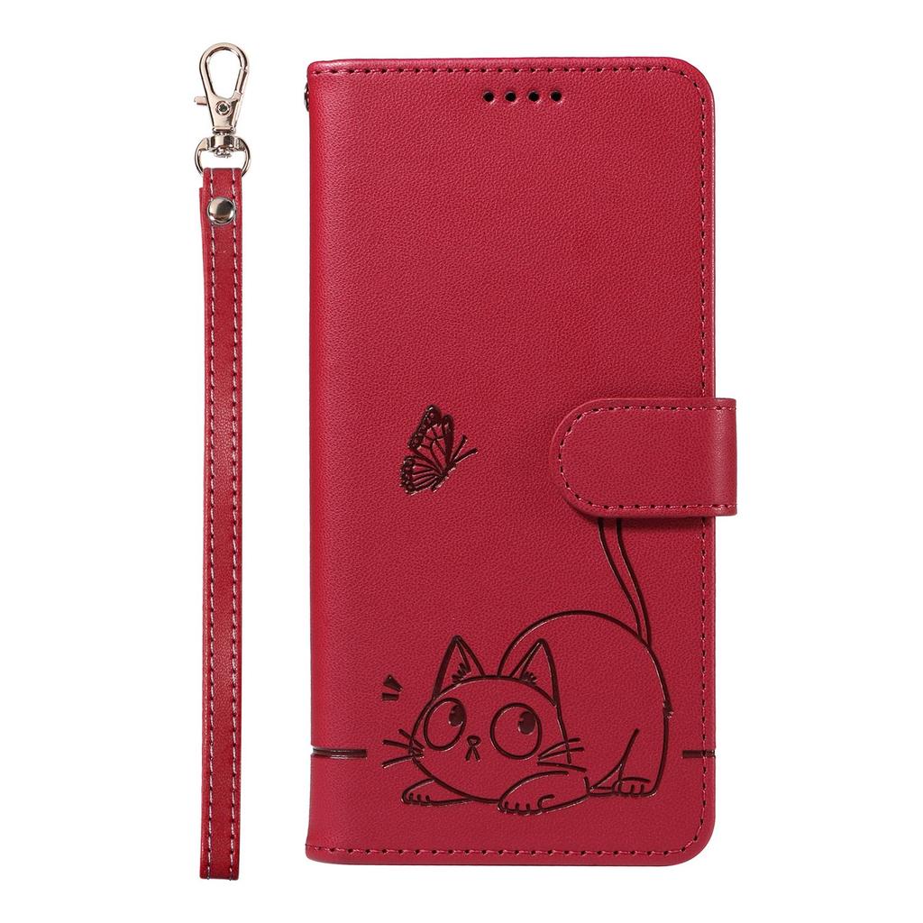 Leather Wallet Flip Case For OPPO Reno 15 Pro Max mini 15F 14 14F 13 13F 12 12F 11 11F 10 Cat and Butterfly Embossed,Wrist Strap