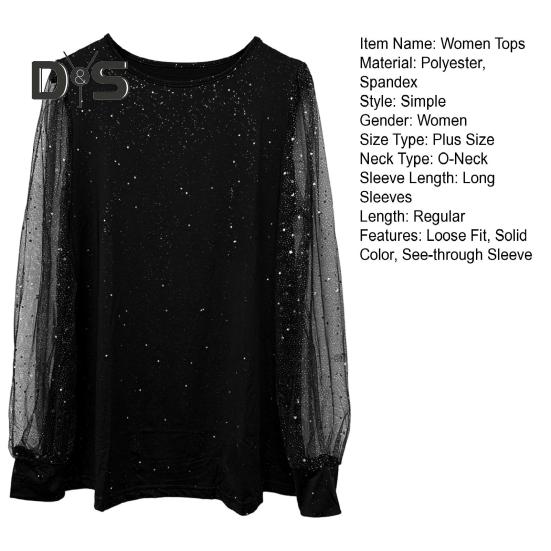Women T-shirt Round Neck See-through Glitter Long Sleeve Tops Solid Color Loose Fit Casual Tops Daily Wear