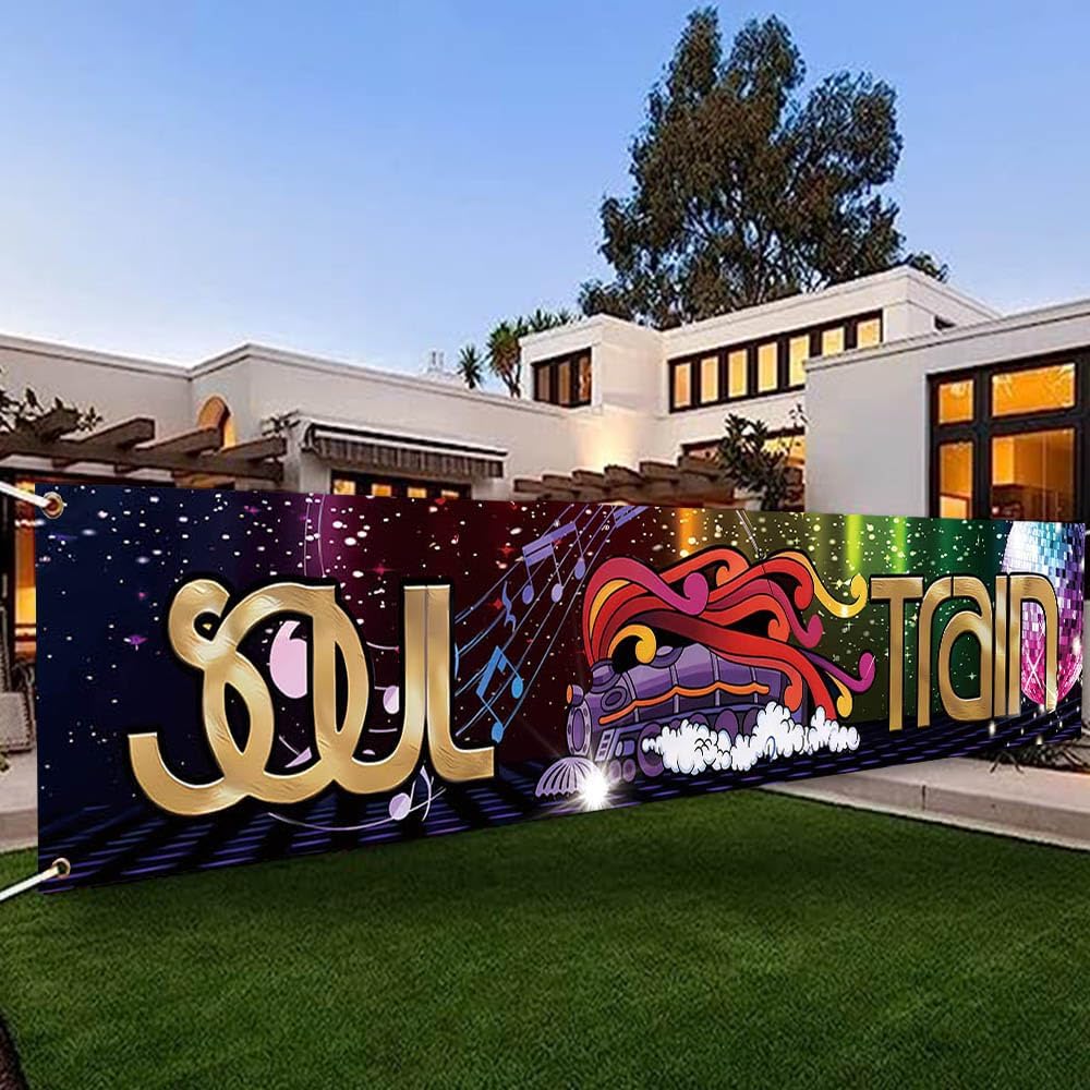 118 x 20 Inches 70s 80s Train Theme Yard Door Banner Sign Disco Party Decoration Banner Neon Light Flash Newborn Baby Show Birthday Party Cake Table