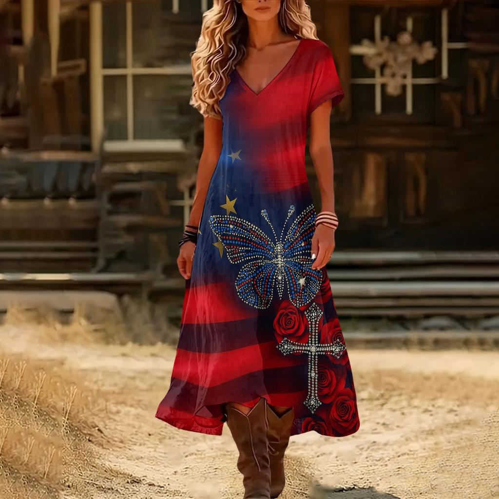 Women’s Short Sleeve V Neck Maxi Dress with Floral Print and Flag Pattern Casual Loose Fit Summer Dress