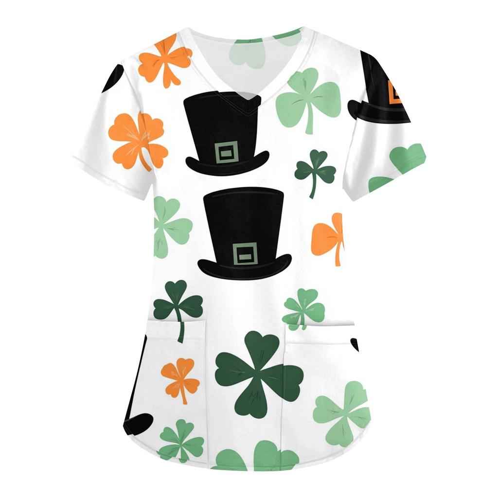 Женская модная рабочая одежда с V-образным вырезом, короткими рукавами и карманами. Верхняя одежда с принтом Патрика