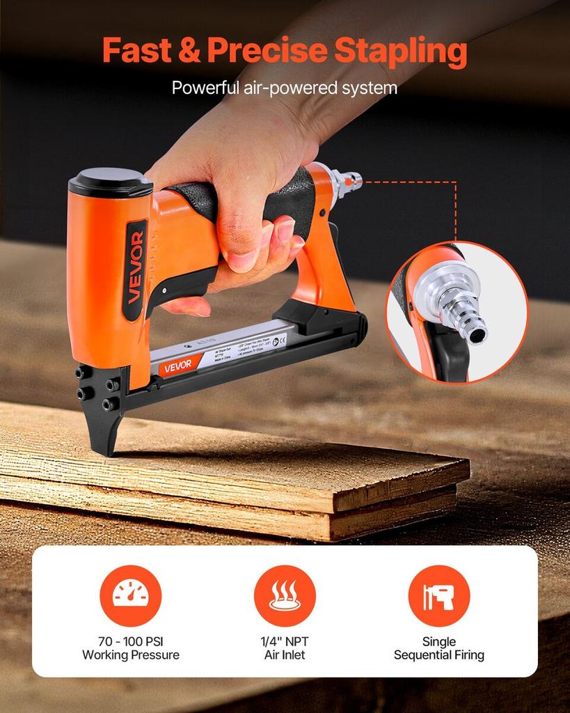 Pneumatic Staple Gun, 22 Gauge Air Upholstery Stapler for 71 Series Fine Wire Staples 9.5mm Crown 6-16mm Length, Max 180PCS Loading Air Staple Gun for